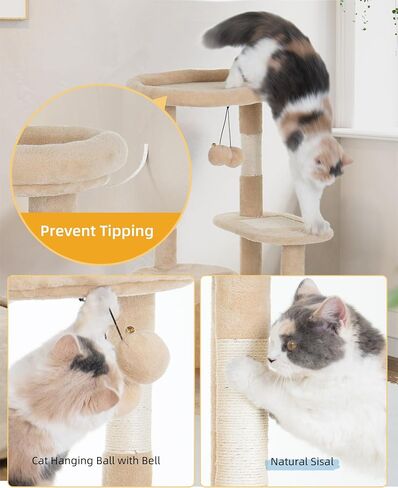 Cat Tree Tower for Indoor Small Cats with Condo and Deep Hammock, Cat Tower with Nature Sisal Scratching Post & Hanging Balls for Kittens - Beige in Saudi Arabia