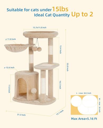 Cat Tree Tower for Indoor Small Cats with Condo and Deep Hammock, Cat Tower with Nature Sisal Scratching Post & Hanging Balls for Kittens - Beige in Saudi Arabia