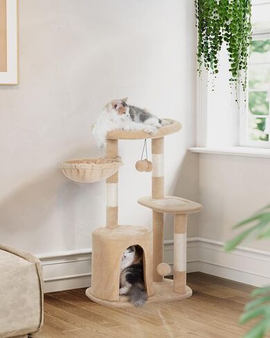 Cat Tree Tower for Indoor Small Cats with Condo and Deep Hammock, Cat Tower with Nature Sisal Scratching Post & Hanging Balls for Kittens - Beige in Saudi Arabia