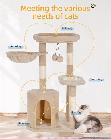 Cat Tree Tower for Indoor Small Cats with Condo and Deep Hammock, Cat Tower with Nature Sisal Scratching Post & Hanging Balls for Kittens - Beige in Saudi Arabia