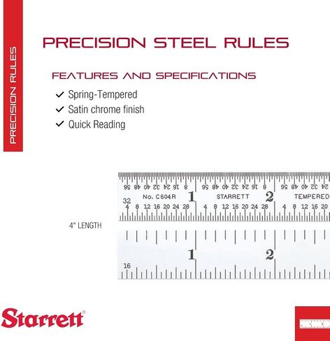 Starrett Spring Tempered Steel Rule with Satin Chrome Finish, Quick Reading, and Inch Graduation - 4" Length, 4R Graduation Type, 3/64" Thickness - C604R-4 in Saudi Arabia
