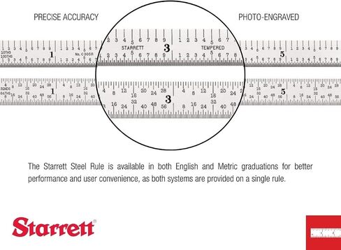 Starrett Spring Tempered Steel Rule with Satin Chrome Finish, Quick Reading, and Inch Graduation - 4" Length, 4R Graduation Type, 3/64" Thickness - C604R-4 in Saudi Arabia