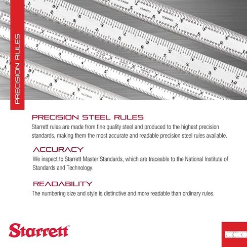 Starrett Spring Tempered Steel Rule with Satin Chrome Finish, Quick Reading, and Inch Graduation - 4" Length, 4R Graduation Type, 3/64" Thickness - C604R-4 in Saudi Arabia