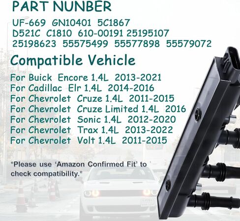 حزمة ملف الإشعال UF669 متوافقة مع 1.4L شيفروليه كروز 2011-2015، كروز المحدودة 2016، سونيك 12-20، تراكس 13-22، فولت 11-15، بويك إنكور 13-21، كاديلاك ELR 14-16، استبدال 55575499 555778 in Kuwait