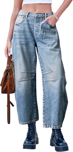 Dokuritu Baggy Jeans Wide Leg Denim Y2k Ankle Pants Barrel Boyfriend Low Rise Jeans for Woman with Pockets in Kuwait