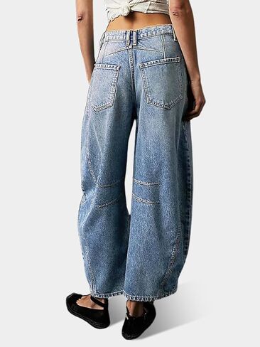 Dokuritu Baggy Jeans Wide Leg Denim Y2k Ankle Pants Barrel Boyfriend Low Rise Jeans for Woman with Pockets in Kuwait