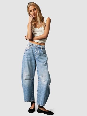 Dokuritu Baggy Jeans Wide Leg Denim Y2k Ankle Pants Barrel Boyfriend Low Rise Jeans for Woman with Pockets in Kuwait