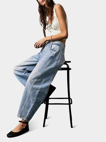 Dokuritu Baggy Jeans Wide Leg Denim Y2k Ankle Pants Barrel Boyfriend Low Rise Jeans for Woman with Pockets in Kuwait