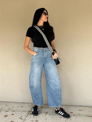 Dokuritu Baggy Jeans Wide Leg Denim Y2k Ankle Pants Barrel Boyfriend Low Rise Jeans for Woman with Pockets in Kuwait