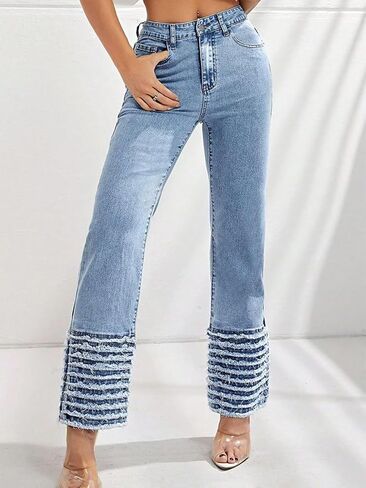 Flamingals Women's Distressed Raw Hem Jeans for Women High Waist Stretch Flare Jeans in Saudi Arabia