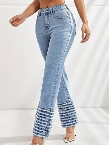 Flamingals Women's Distressed Raw Hem Jeans for Women High Waist Stretch Flare Jeans in Saudi Arabia