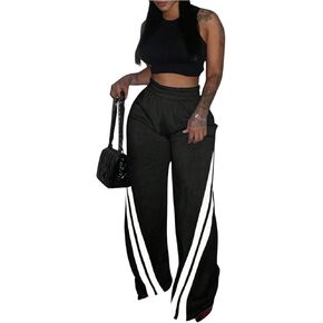WDIRARA Women's Striped Elastic Waist Wide Leg Sweatpants Athletic Workout Baggy Pants in Kuwait