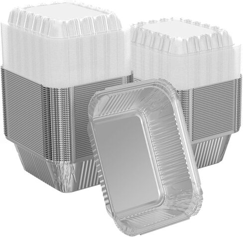 100 Pack 1 lb Rectangular Disposable Aluminum Foil Pan 16 oz Take Out Food Containers with Clear Plastic Dome Lids, for Catering, Baking, Roasting Food in Saudi Arabia