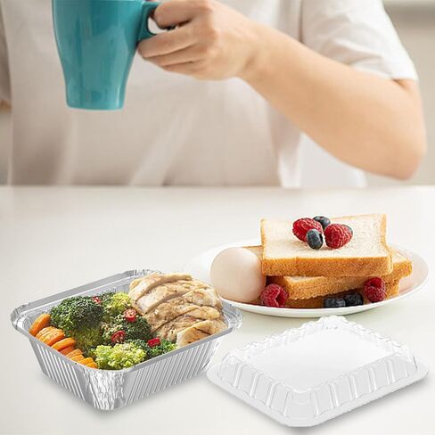 100 Pack 1 lb Rectangular Disposable Aluminum Foil Pan 16 oz Take Out Food Containers with Clear Plastic Dome Lids, for Catering, Baking, Roasting Food in Saudi Arabia