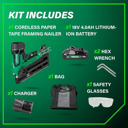 Metabo HPT 18V Multivolt Cordless 30 ° Paper Paper Tape Kit Kit ، 3-1/2 "تأطير مسمار ، أداة كهربائية مع بطارية ليثيوم أيون ، محرك أقراص 2" إلى 3-1/2 "، محرك قوي بدون فرش ، NR1890DCA in Kuwait