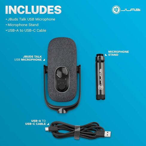 JLab JBuds Talk USB Microphone, Black, USB-C Output, Cardiod, Omni, Stereo, and Bi-Directional, 96k Sample Rate, Volume Control, Gain Control, and Quick Mute, 3.5mm AUX, Plug and Play in Saudi Arabia