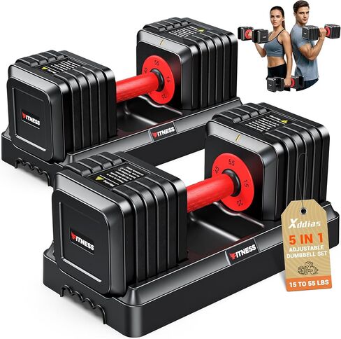 XDDIAS Adjustable Dumbbell Set of 2-25LB/55LB Set-1Sec Adjustable Dumbbell Weights-5 in 1 Free Weights Dumbbells Set with Effortless Tray/No-Slip Handle-Compact Size for Women/Men at Home Gym in Kuwait