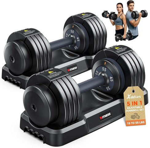 XDDIAS Adjustable Dumbbell Set of 2-25LB/55LB Set-1Sec Adjustable Dumbbell Weights-5 in 1 Free Weights Dumbbells Set with Effortless Tray/No-Slip Handle-Compact Size for Women/Men at Home Gym in Kuwait
