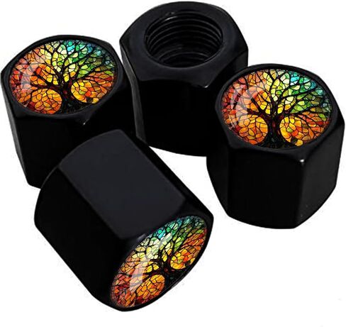 Tire Valve Stem Caps, 4 Pack Universal Fit for Cars, Trucks, SUVs, Motorcycles, Durable, Long-Lasting, Airtight Seal - 3D Circular Stained Glass with Bumblebee Pattern in Saudi Arabia