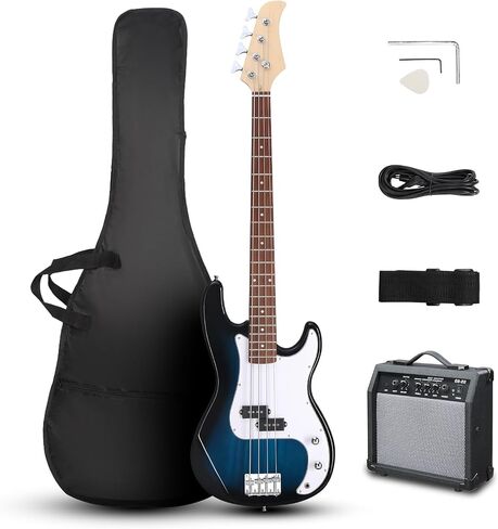 Ktaxon Electric Guitar 4 String Bass Guitar Kit with Paulownia Body و Solid Rosewood Fourboard & Split-Cofts أحادية الثراءات تشمل 20 وات أمبير ، كابل ، حزام ، اختيار وجع (أزرق) in Kuwait