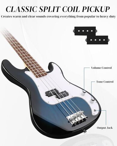 Ktaxon Electric Guitar 4 String Bass Guitar Kit with Paulownia Body و Solid Rosewood Fourboard & Split-Cofts أحادية الثراءات تشمل 20 وات أمبير ، كابل ، حزام ، اختيار وجع (أزرق) in Kuwait