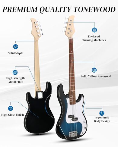 Ktaxon Electric Guitar 4 String Bass Guitar Kit with Paulownia Body و Solid Rosewood Fourboard & Split-Cofts أحادية الثراءات تشمل 20 وات أمبير ، كابل ، حزام ، اختيار وجع (أزرق) in Kuwait