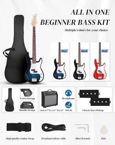Ktaxon Electric Guitar 4 String Bass Guitar Kit with Paulownia Body و Solid Rosewood Fourboard & Split-Cofts أحادية الثراءات تشمل 20 وات أمبير ، كابل ، حزام ، اختيار وجع (أزرق) in Kuwait