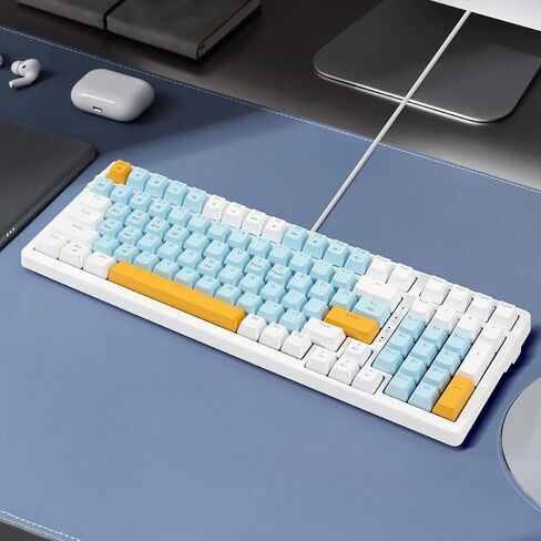 Merdia Wireless Mechanical Keyboard, Triple Mode 2.4G/USB-C/BT Gaming Keyboard, 100 Keys Ice Blue Backlit, Red Switch Rechargeable Wired Keyboard Blue & Yellow & White Combo Color for Office/Gaming in Saudi Arabia