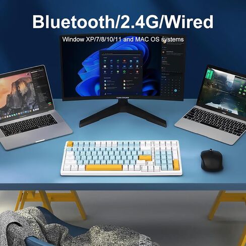 Merdia Wireless Mechanical Keyboard, Triple Mode 2.4G/USB-C/BT Gaming Keyboard, 100 Keys Ice Blue Backlit, Red Switch Rechargeable Wired Keyboard Blue & Yellow & White Combo Color for Office/Gaming in Saudi Arabia