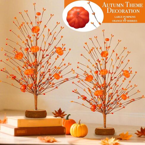 TURNMEON Fall Decor 2 Pack Artificial Tabletop Fall Tree with Pumpkins Berries, Fall Decorations for Home, Fall Table Centerpieces Autumn Tree for Indoor Home Thanksgiving Party, White in Kuwait
