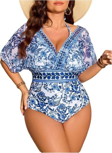 Floerns Women's Plus Size One One One Swimsuit Ploral Print Halter Tie Back Short Sleeve Beachwear in Kuwait