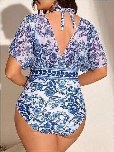 Floerns Women's Plus Size One One One Swimsuit Ploral Print Halter Tie Back Short Sleeve Beachwear in Kuwait
