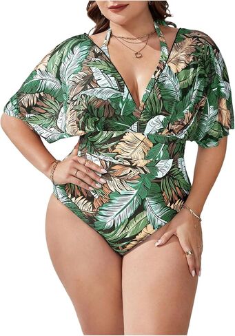 Floerns Women's Plus Size One One One Swimsuit Ploral Print Halter Tie Back Short Sleeve Beachwear in Kuwait