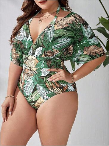 Floerns Women's Plus Size One One One Swimsuit Ploral Print Halter Tie Back Short Sleeve Beachwear in Kuwait