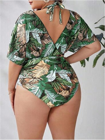 Floerns Women's Plus Size One One One Swimsuit Ploral Print Halter Tie Back Short Sleeve Beachwear in Kuwait