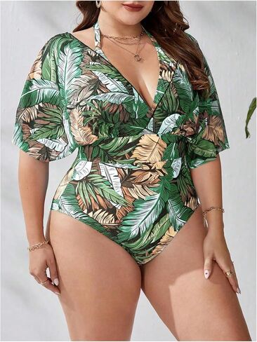 Floerns Women's Plus Size One One One Swimsuit Ploral Print Halter Tie Back Short Sleeve Beachwear in Kuwait