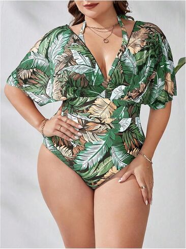 Floerns Women's Plus Size One One One Swimsuit Ploral Print Halter Tie Back Short Sleeve Beachwear in Kuwait