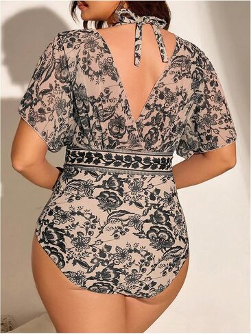 Floerns Women's Plus Size One One One Swimsuit Ploral Print Halter Tie Back Short Sleeve Beachwear in Kuwait