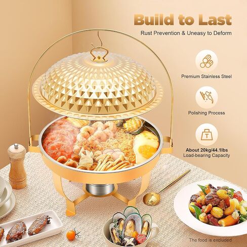 8.5 QT مجموعة بوفيه طبق QT ، وأطباق الغضب من الفولاذ المقاوم للصدأ من 4 عبوات لبوفيه ، ومواقف غذائية الماس الفاخرة الذهب مع غطاء وربط للحفلات ، وآمنة ، وآمنة ، تجميع سريع in Kuwait