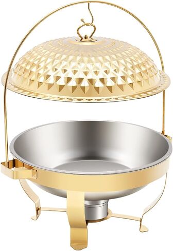 8.5 QT مجموعة بوفيه طبق QT ، وأطباق الغضب من الفولاذ المقاوم للصدأ من 4 عبوات لبوفيه ، ومواقف غذائية الماس الفاخرة الذهب مع غطاء وربط للحفلات ، وآمنة ، وآمنة ، تجميع سريع in Kuwait