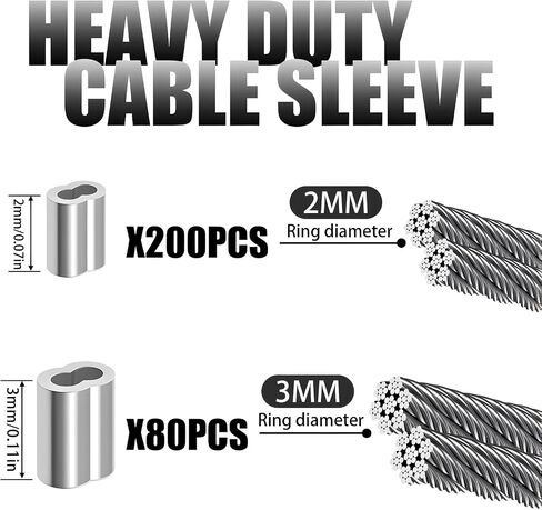 280Pcs (5/64''+1/8'') Aluminum Crimping Loop Sleeve Cable Ferrule Steel Cable Clamp Double Barrel Ferrule for Wire Rope and Cable Line in Saudi Arabia