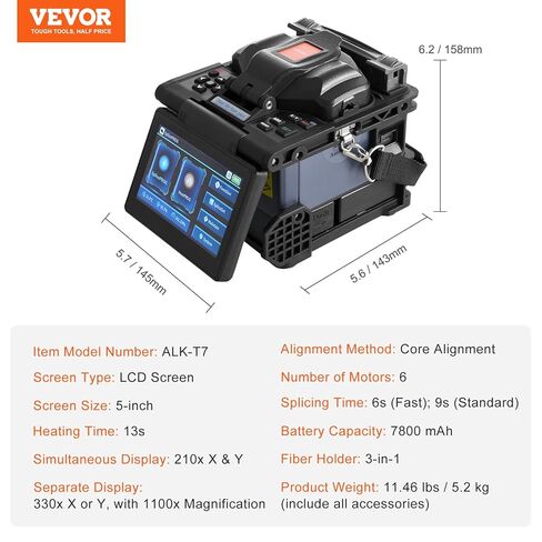 Vevor Fiber Fusion Splicer 6-Motor ، Core Moalment Fiber Optic Pricer 6S Clishing & 13S Heating ، مع شاشة 5 "LCD ، بطارية 7800mAh لـ SM MM DS NZDS in Saudi Arabia