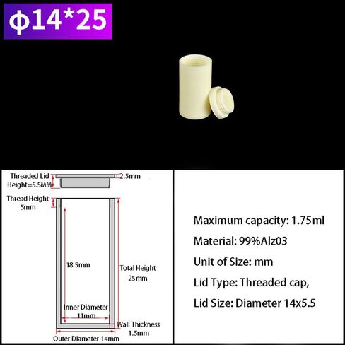 Corundum Cylindrical Crucibles with Threaded Caps, 99% Alumina Ceramic Crucibles, Available in Various Specifications (1, 14 * 25mm*1.75ml, OD*Total Height*Maximum Capacity) in Kuwait