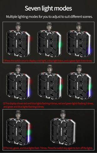 Smart Bike Pedals with LED Lights, Auto On-Off, 3 Colours, 7 Modes, USB Rechargeable, Waterproof, Flat Aluminium with 9/16in Steel Spindle, for e-Bike, City, Commuter, Hybrid, Road in Saudi Arabia