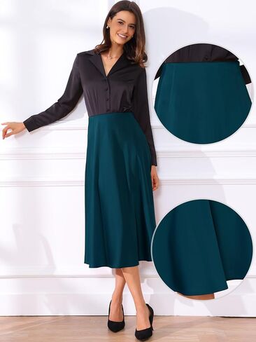 تنورة Allegra K Satin Midi للسيدات عالي الخصر A-LINE LINE مرنة تلاشى التنانير غير الرسمية الأنيقة in Saudi Arabia