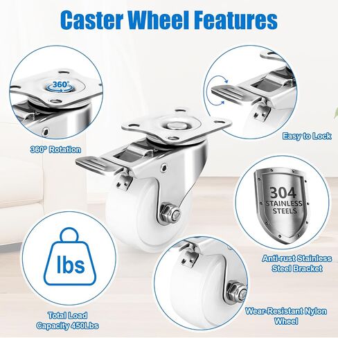 2 Inch Stainless Steel Caster Wheels Set of 4, Anti-Rust Swivel Casters with Brake, Silent and Floor-Friendly Thermoplastic Rubber Wheels for Furnitures,Labs,Hospitals,Restaurants in Saudi Arabia