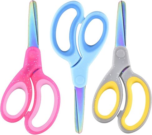 5" Kids Scissors Set(3 Pcs), Safety Rounded edge Blunt-Tip, Titanium Coating Blades, Comfort Grip for School Classroom Children and Toddler Cutting Craft Paper, Glitter Assorted Color in Kuwait