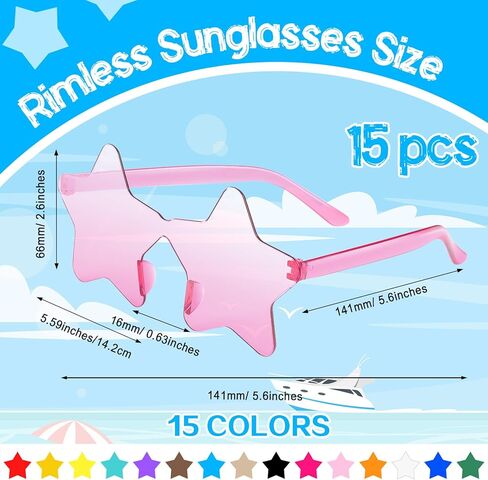 PLULON 15 Pairs Red Star Sunglasses Bulk Colorful Rimless Star Shape Sunglasses for Kids Colored Glasses Birthday Bachelorette Party Favors Summer Outdoor Activities for Women Men Kids Adult in Saudi Arabia
