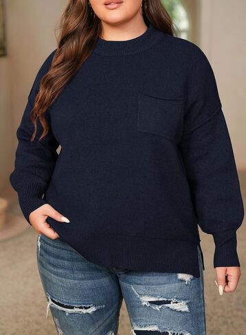 سترات Eytino Plus Size للنساء الضخمات ذات الأكمام الطويلة ذات الأكمام الطويلة متماسكة من أعلى سترات من السحب الدافئ مع الجيب (1x-5x) in Saudi Arabia