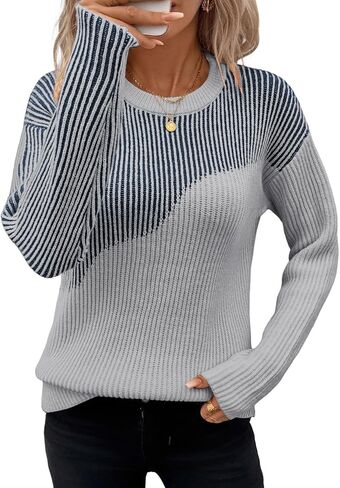 Sidefeel Womens Long Sleeve Crewneck Color Block Pullover Sweaters Casual Striped Loose Knit Tops Trendy Fall Outfits in Saudi Arabia